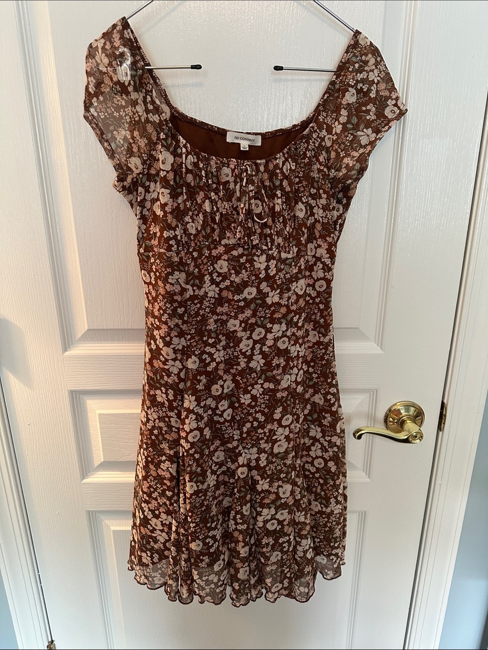 No Comment Brown Floral Mesh Babydoll Mini Dress Cottagecore Size L
